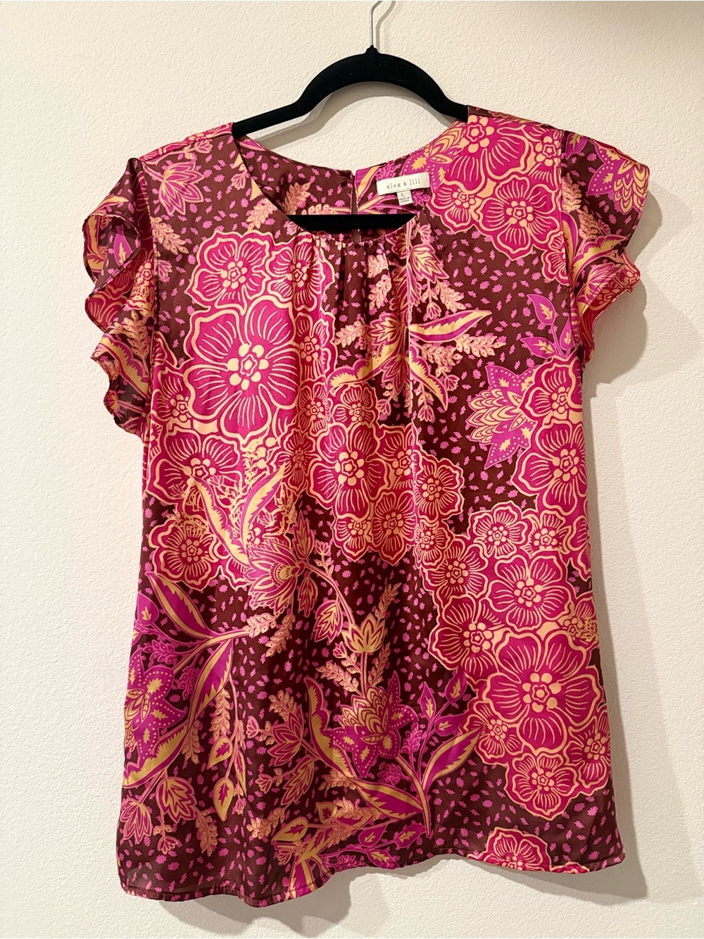 Alex and Lili Silk Pink Floral Short-Sleeve Blouse-Romantic Ruffle